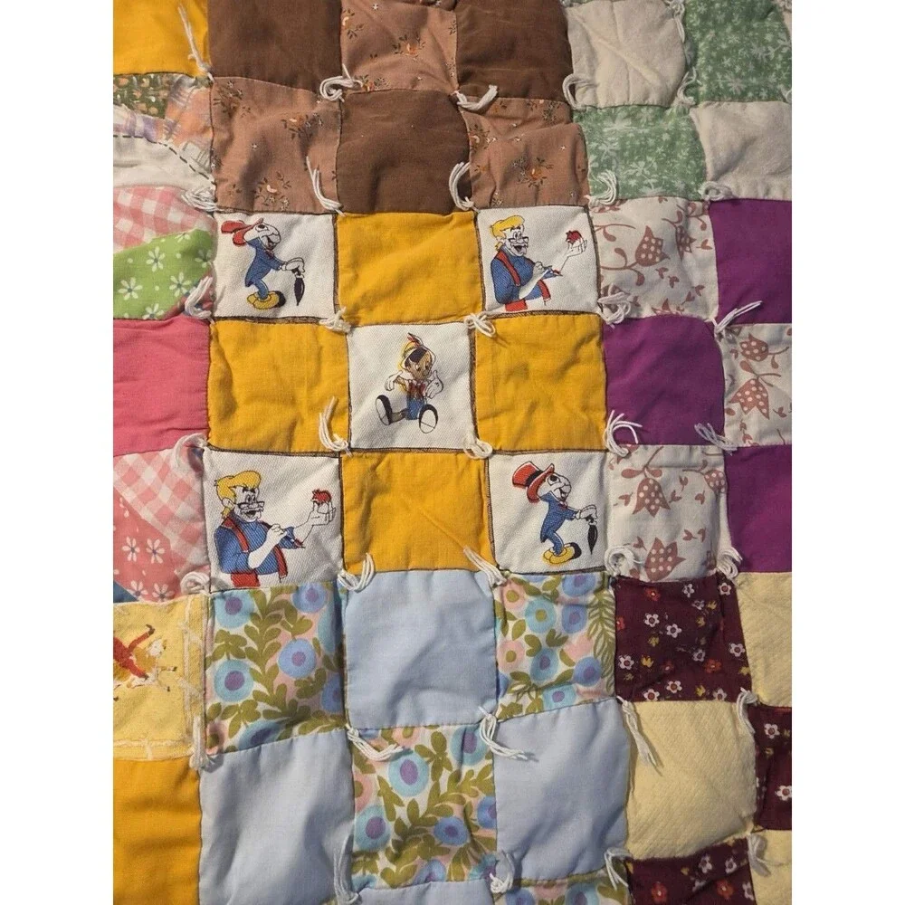 Vintage 1970’s handmade Patchwork quilt-Mod fabric squares Disney-White Backing